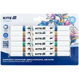 Маркер универсальный акриловый Kite Creative металлик набор 6 шт двусторонние K-1294 на блистере