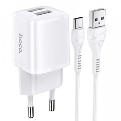 Мережевий зарядний пристрій USB-A 2хPorts 2.4A +кабель Type-C 1m Hoco Home Charger N8, Білий