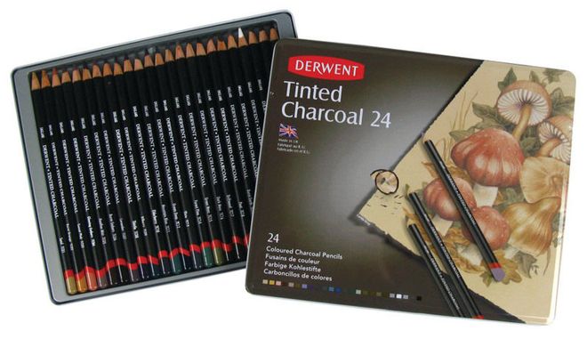 Карандаши угольные набор 24 цв. DERWENT Tinted Charcoal в мет.кор.D-2301691