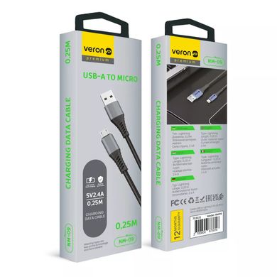 Кабель USB-А - Micro-USB 2.4A 0,25m Nylon Veron NM09