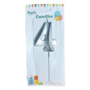Свечка для торта серебристая Цифра-4 Party Candles 7см 031185-4с