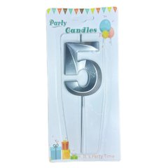 Свічка для торта срібна Цифра-5 Party Candles 7см 031185-5с