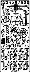Наклейка скрапбукинг URSUS 10*23см Музыкальные инструменты и ноты, Серебро UR-59110021