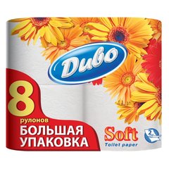Туалетная бумага Диво Soft целлюлоза на гильзе, 8 рулонов, 2-х слойная, белая тп.дв8б