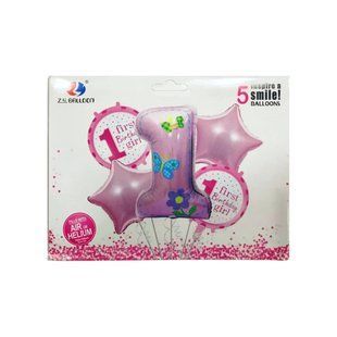Повітряна кулька Лидер-ZYBalloon набір 5шт. різного розміру, 1 first Birthday girl 1212-34
