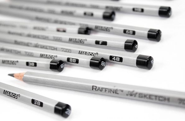 Карандаши чернографитные простые, набор 12шт Marco Raffine в металлическом пенале 2H-8B 7000M-12TN