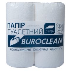 Туалетная бумага Buroclean целлюлоза на гильзе, 4 рулона, 2-х слойная, белая 10100011