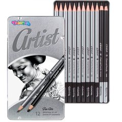 Карандаши чернографитные простые, набор 12шт Colorino Artist 4H-6B в металлической коробке 80118