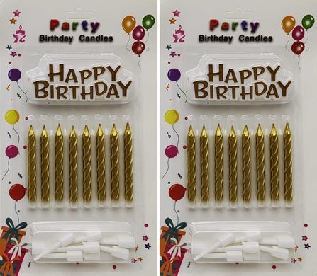 Свечи для торта 8шт+ топпер Happy Birthday 016-*, Золото