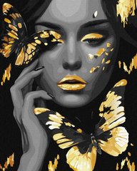 Картина раскраска по номерам на холсте - 40*50см Идейка КН8307 Девушка с золотыми бабочками, с красками металлик