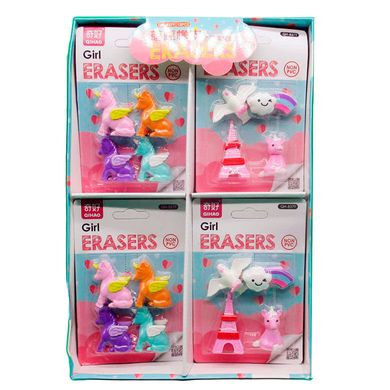Ластик-резинка 3D Eraser набор 4шт Girl Единорг микс №8379
