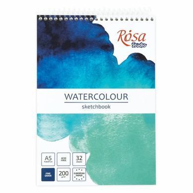 Альбом для акварелі скетчбук А5 (21*29,7см) Rosa Studio 32арк 200г/м спіраль, білий папір 690050*, Бирюзовый