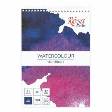 Альбом для акварелі скетчбук А5 (21*29,7см) Rosa Studio 32арк 200г/м спіраль, білий папір 690050*, Бирюзовый