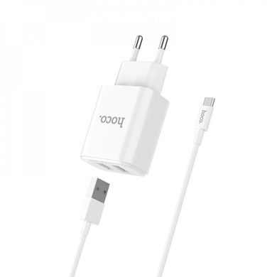 Мережевий зарядний пристрій USB-A 2xPorts 2.1A + кабель Micro-USB Hoco Home Charger C62A, Білий