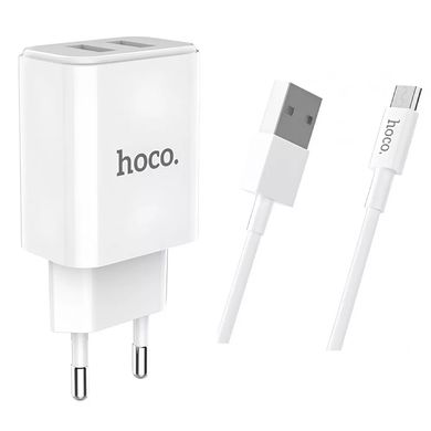 Мережевий зарядний пристрій USB-A 2xPorts 2.1A + кабель Micro-USB Hoco Home Charger C62A, Білий