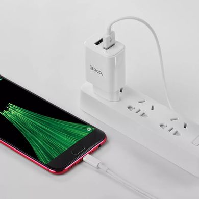 Мережевий зарядний пристрій USB-A 2xPorts 2.1A + кабель Micro-USB Hoco Home Charger C62A, Білий