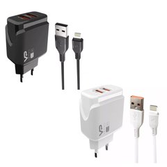 Мережевий зарядний пристрій USB-A 2xPorts 2.4A + кабель Lightning 1m Veron Home Charger VR-C12L, Черный