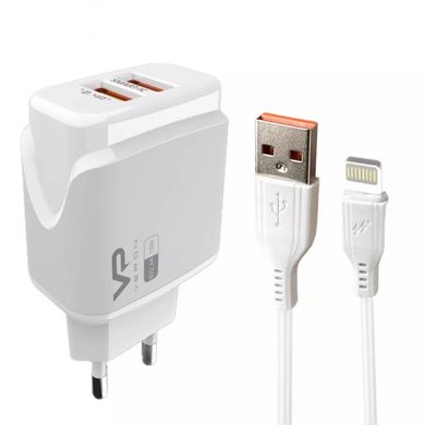 Мережевий зарядний пристрій USB-A 2xPorts 2.4A + кабель Lightning 1m Veron Home Charger VR-C12L, Черный