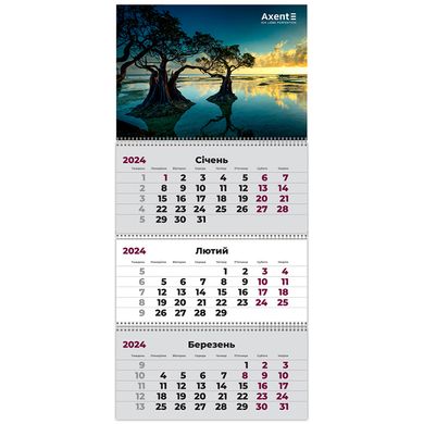 Календар настінний квартальний 2024 Axent на 3 спиралі 29,7*63см 8803-24-7-A Water 1
